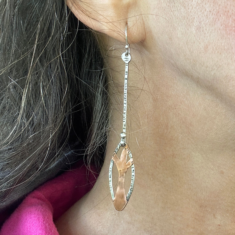 Long and Dangly Sterling and Copper Tree Earrings