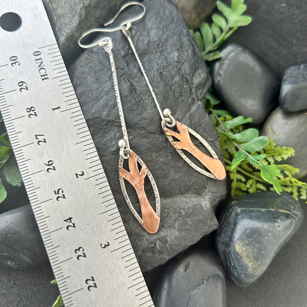 Long and Dangly Sterling and Copper Tree Earrings