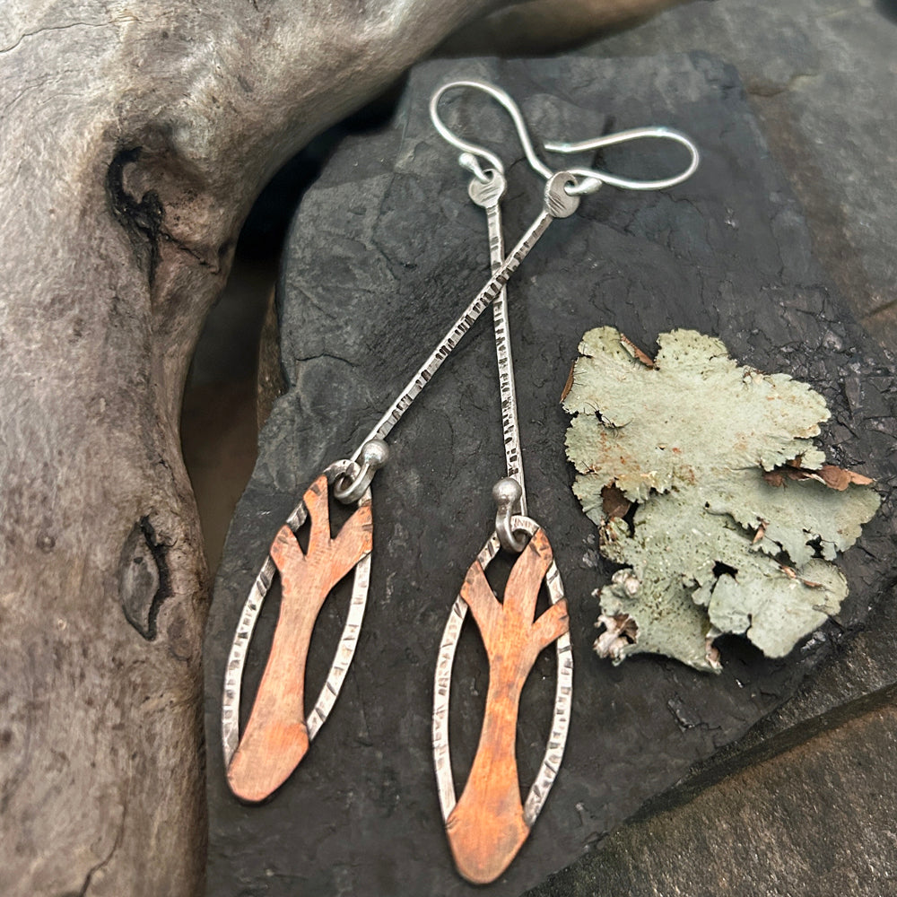 Long and Dangly Sterling and Copper Tree Earrings