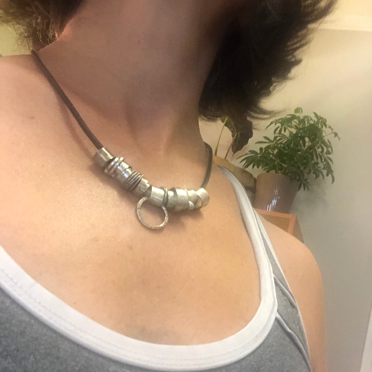 Adjustable OOAK Recycled Sterling and Leather Fidget Necklace