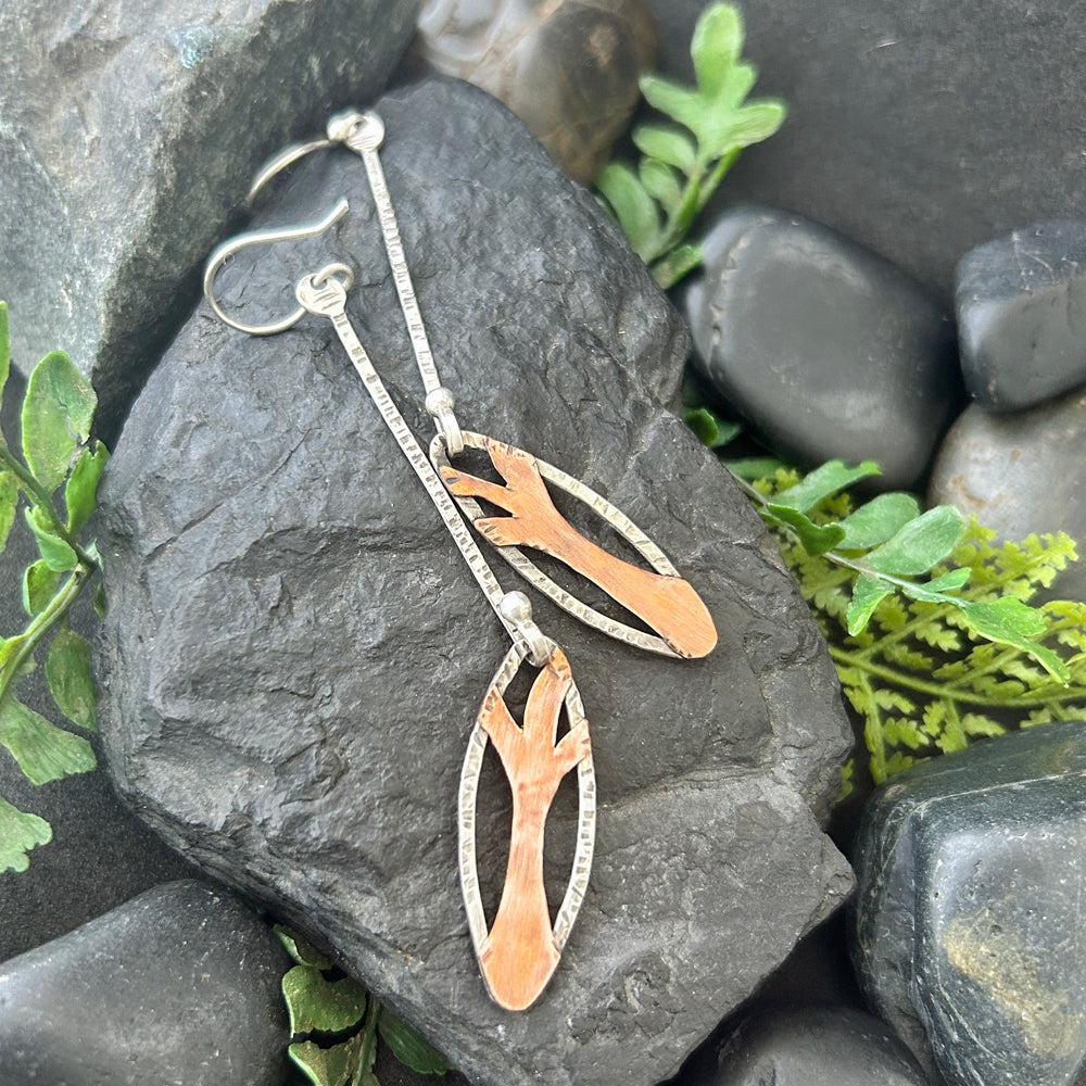 Long and Dangly Sterling and Copper Tree Earrings