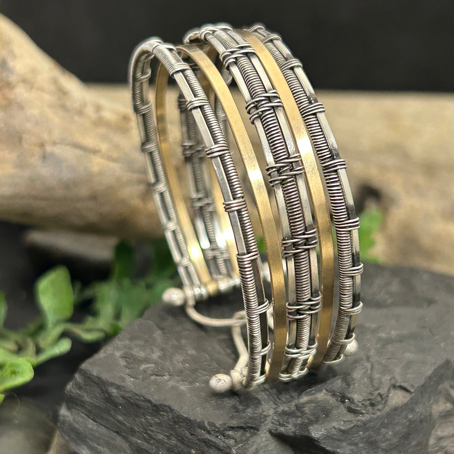 Unisex Inner Harmony Alchemy Cuff Bracelet with Handmade Clasp in Sterling and Gold