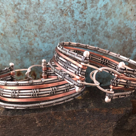 Unisex Inner Harmony Cuff Bracelet with Handmade Clasp in Sterling and Copper
